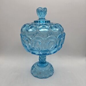 Vtg LE Smith Glass Light Blue Moon and Stars 10" Tall Compote Candy Dish w/Lid